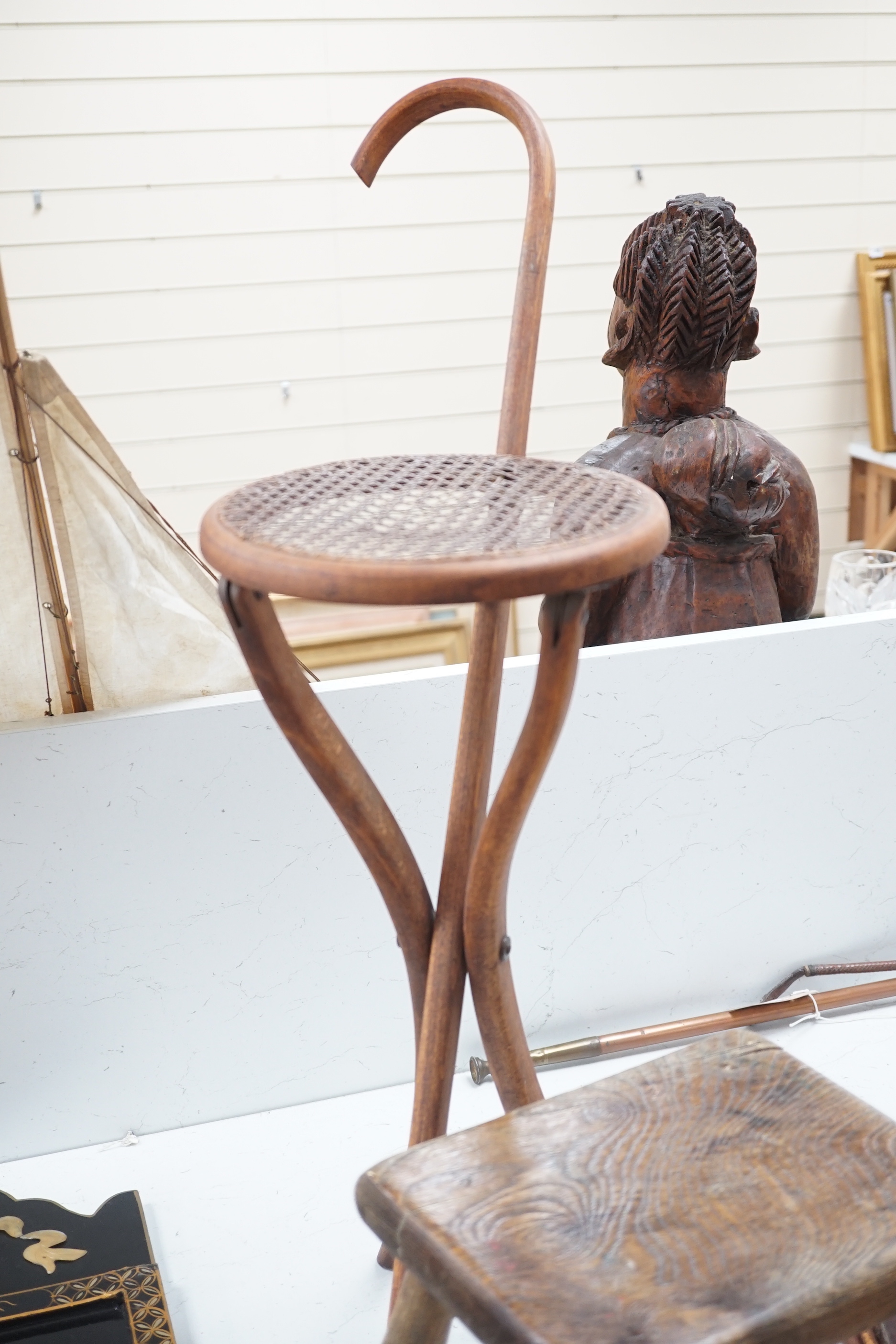 A Victorian oak rope-twist barometer, bellows, a stool and a shooting stick, largest shooting stick, 76cm high